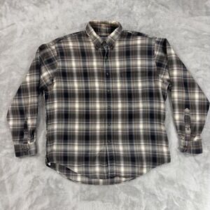 Lands End Shirt Mens Large Beige Plaid Flannel Button Down Warm Shacket Outdoor